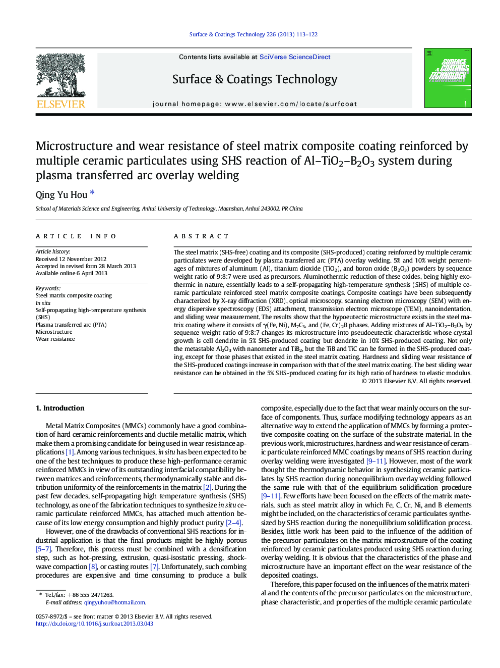 Microstructure and wear resistance of steel matrix composite coating reinforced by multiple ceramic particulates using SHS reaction of Al–TiO2–B2O3 system during plasma transferred arc overlay welding