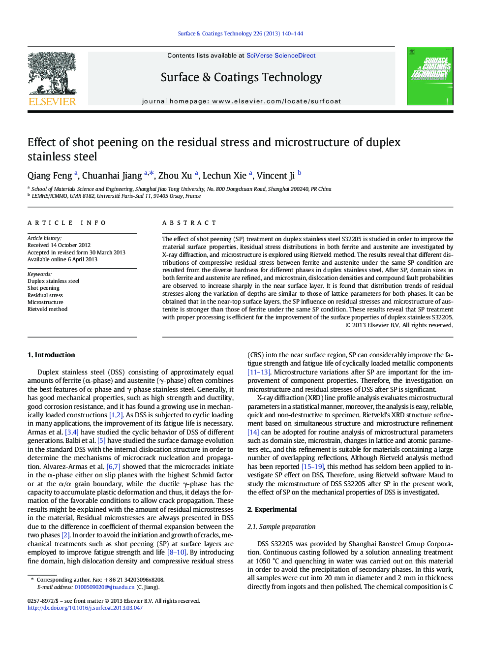 Effect of shot peening on the residual stress and microstructure of duplex stainless steel