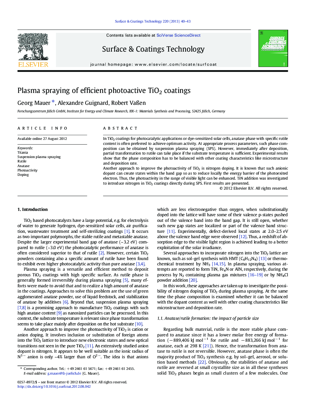 Plasma spraying of efficient photoactive TiO2 coatings