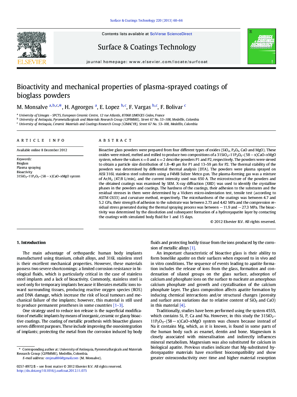 Bioactivity and mechanical properties of plasma-sprayed coatings of bioglass powders