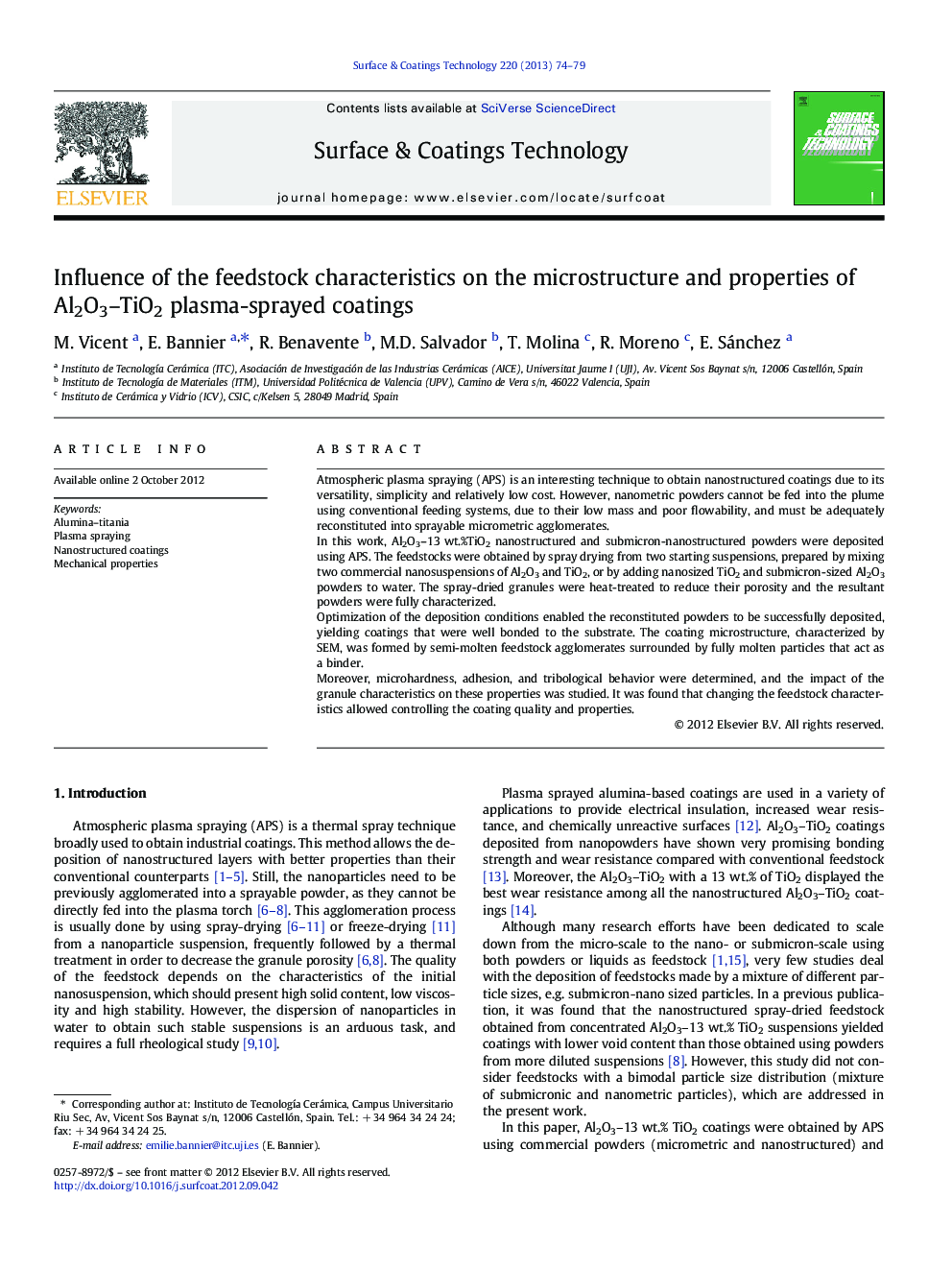 Influence of the feedstock characteristics on the microstructure and properties of Al2O3–TiO2 plasma-sprayed coatings