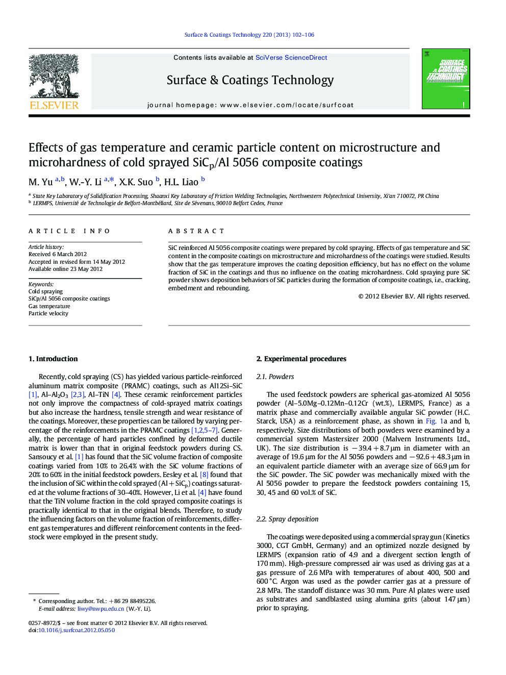 Effects of gas temperature and ceramic particle content on microstructure and microhardness of cold sprayed SiCp/Al 5056 composite coatings