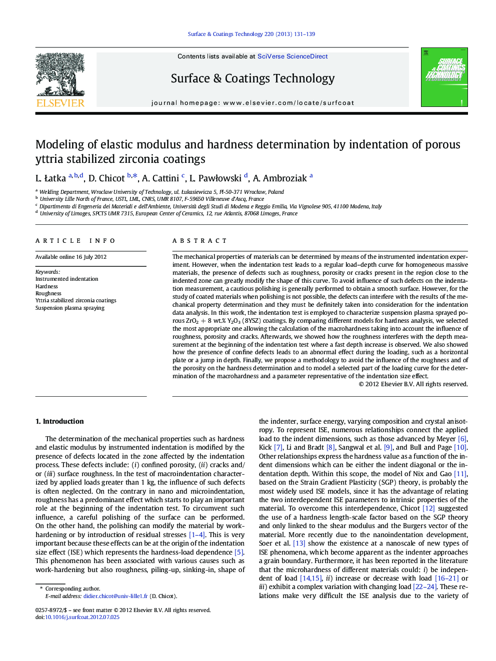 Modeling of elastic modulus and hardness determination by indentation of porous yttria stabilized zirconia coatings