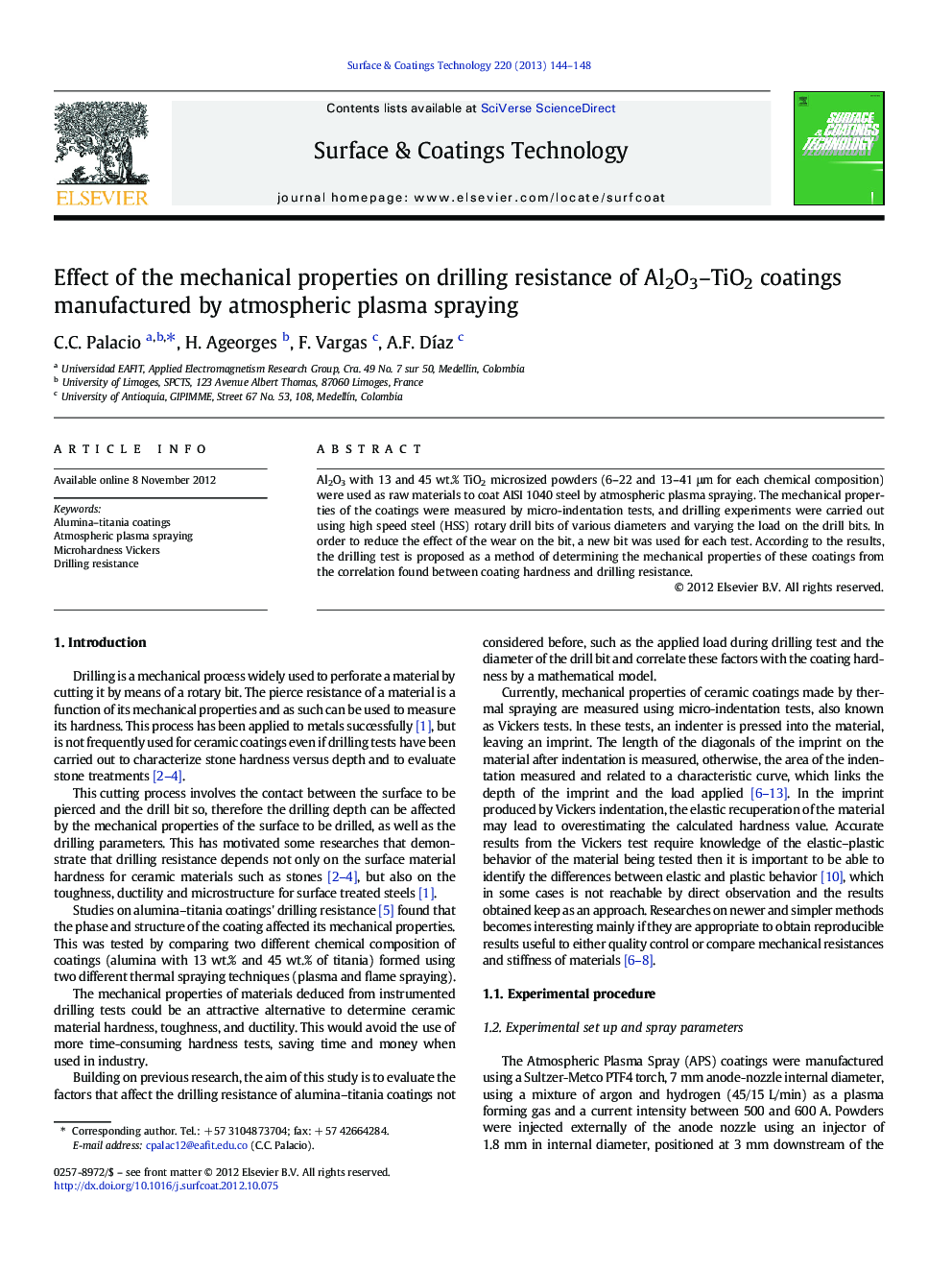 Effect of the mechanical properties on drilling resistance of Al2O3–TiO2 coatings manufactured by atmospheric plasma spraying