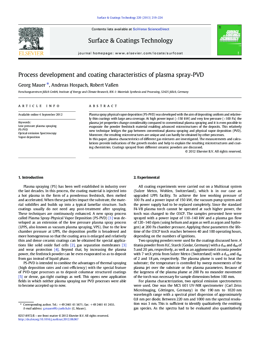 Process development and coating characteristics of plasma spray-PVD