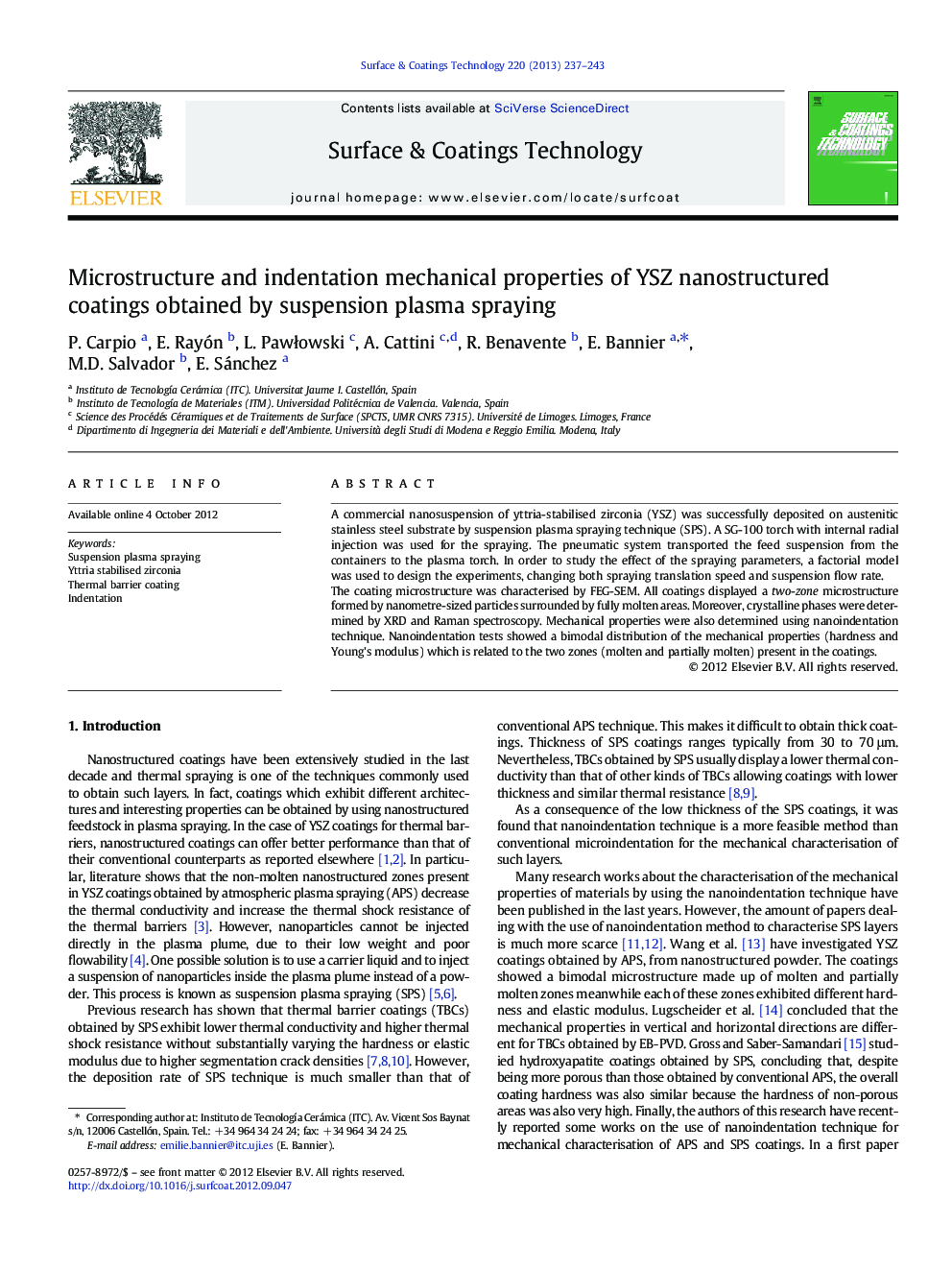 Microstructure and indentation mechanical properties of YSZ nanostructured coatings obtained by suspension plasma spraying