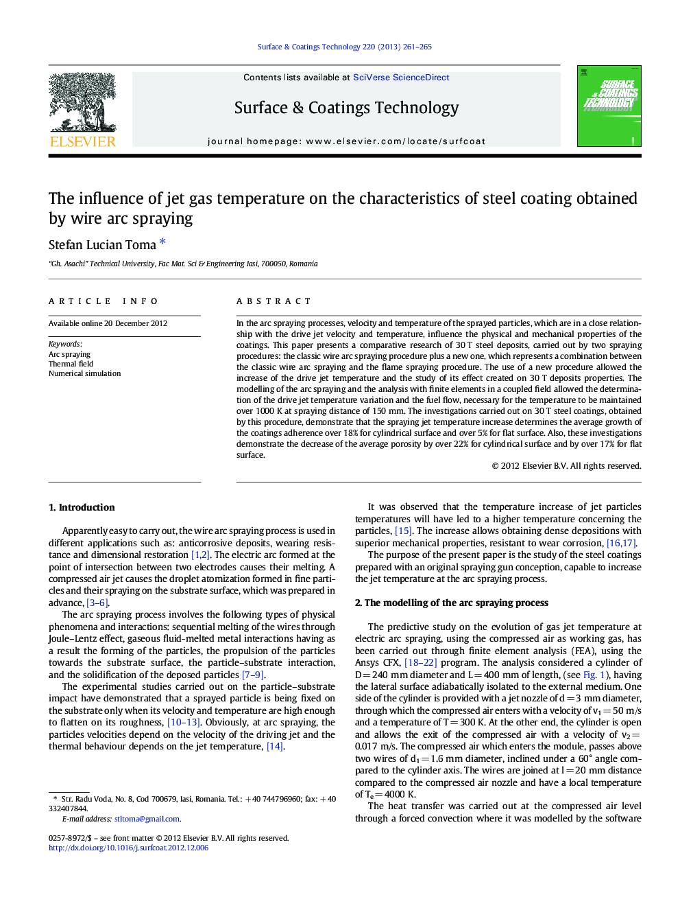 The influence of jet gas temperature on the characteristics of steel coating obtained by wire arc spraying