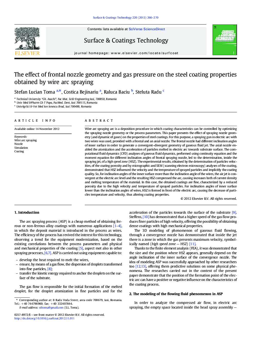 The effect of frontal nozzle geometry and gas pressure on the steel coating properties obtained by wire arc spraying