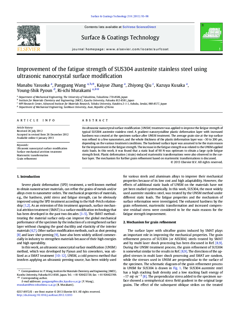 Improvement of the fatigue strength of SUS304 austenite stainless steel using ultrasonic nanocrystal surface modification