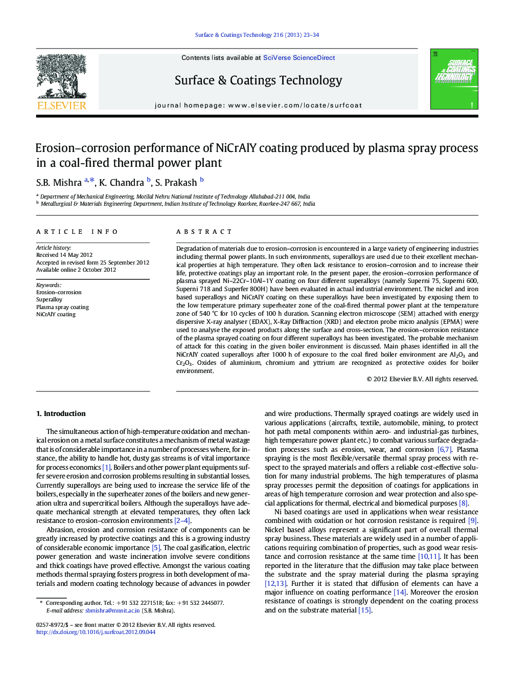 Erosion-corrosion performance of NiCrAlY coating produced by plasma spray process in a coal-fired thermal power plant