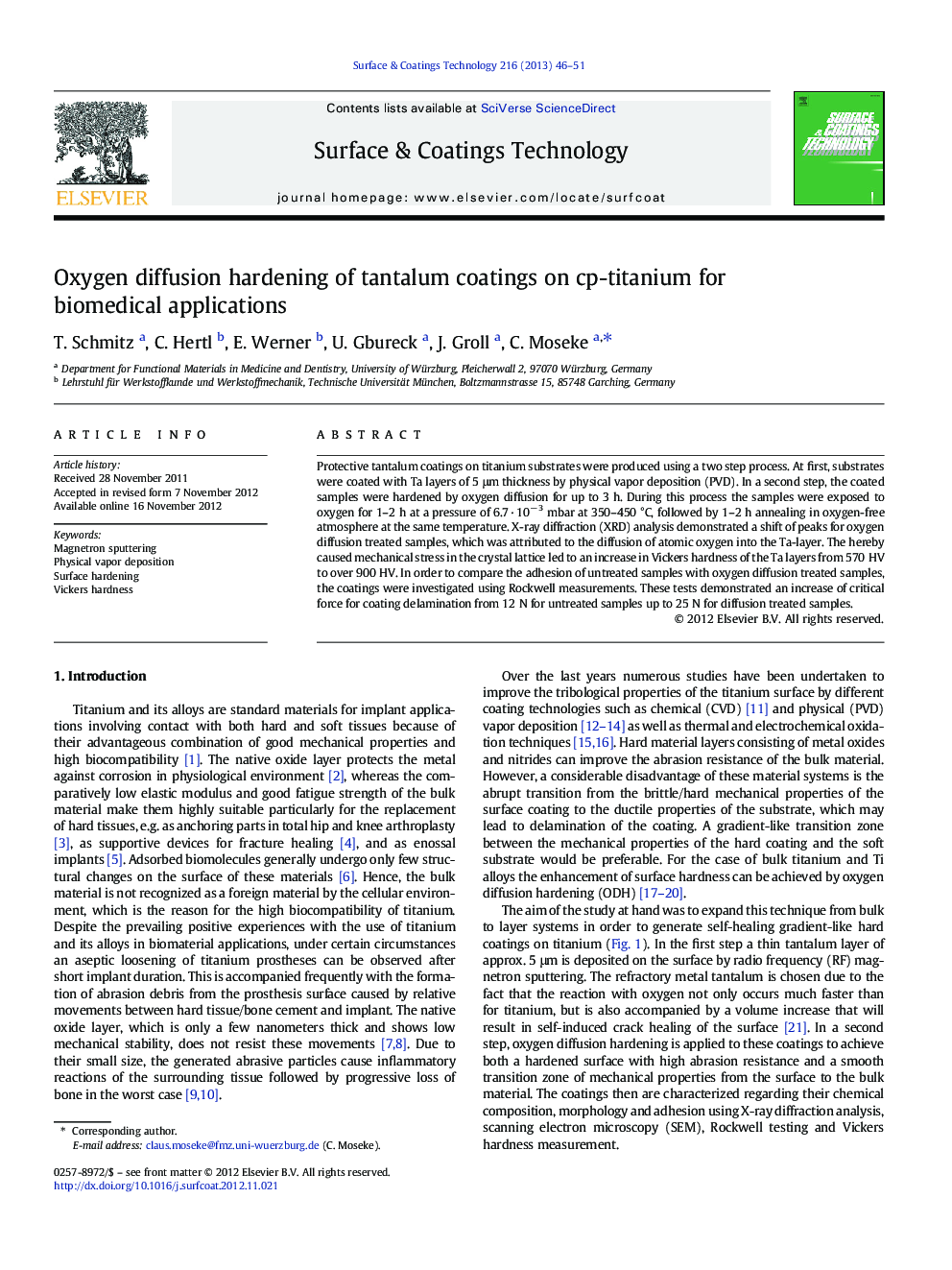 Oxygen diffusion hardening of tantalum coatings on cp-titanium for biomedical applications