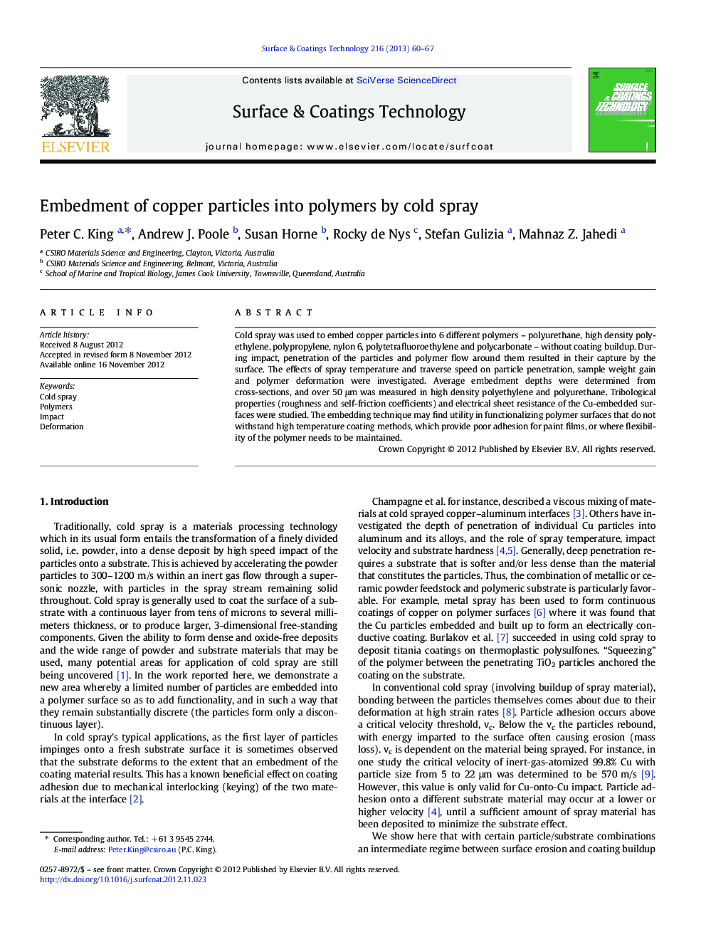 Embedment of copper particles into polymers by cold spray