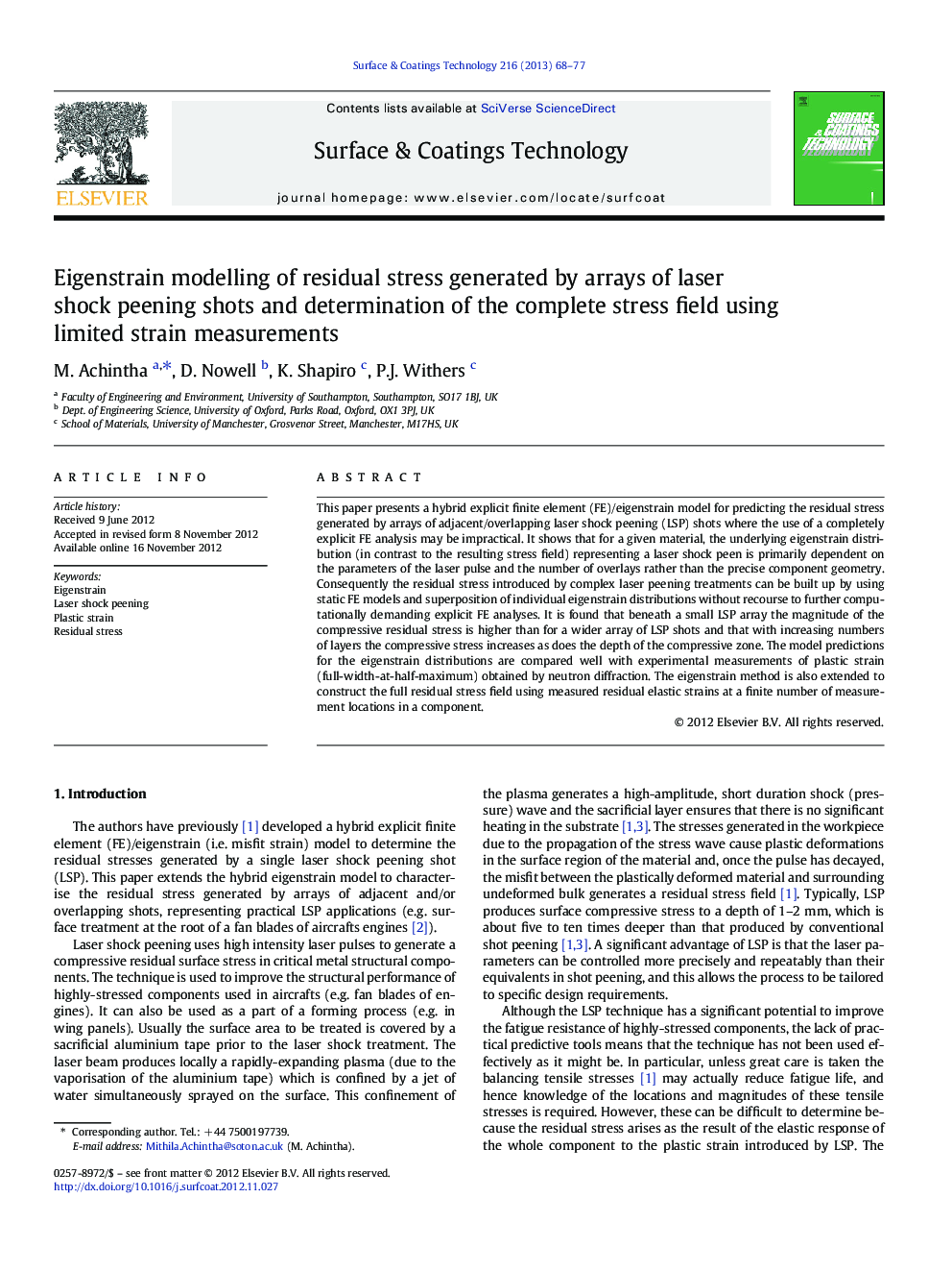 Eigenstrain modelling of residual stress generated by arrays of laser shock peening shots and determination of the complete stress field using limited strain measurements