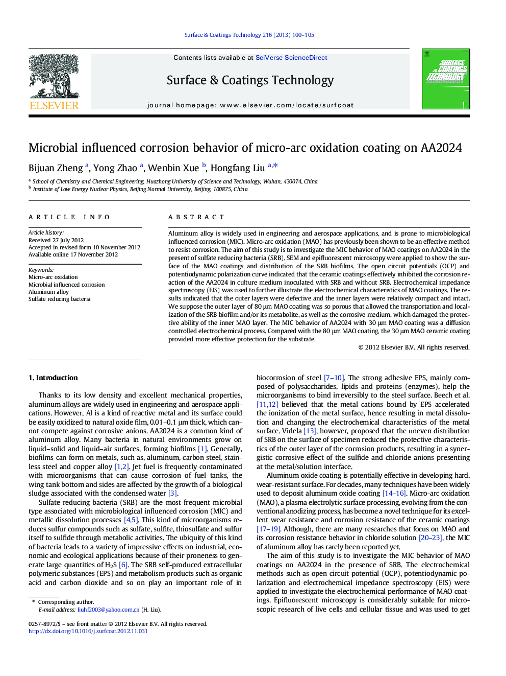 Microbial influenced corrosion behavior of micro-arc oxidation coating on AA2024