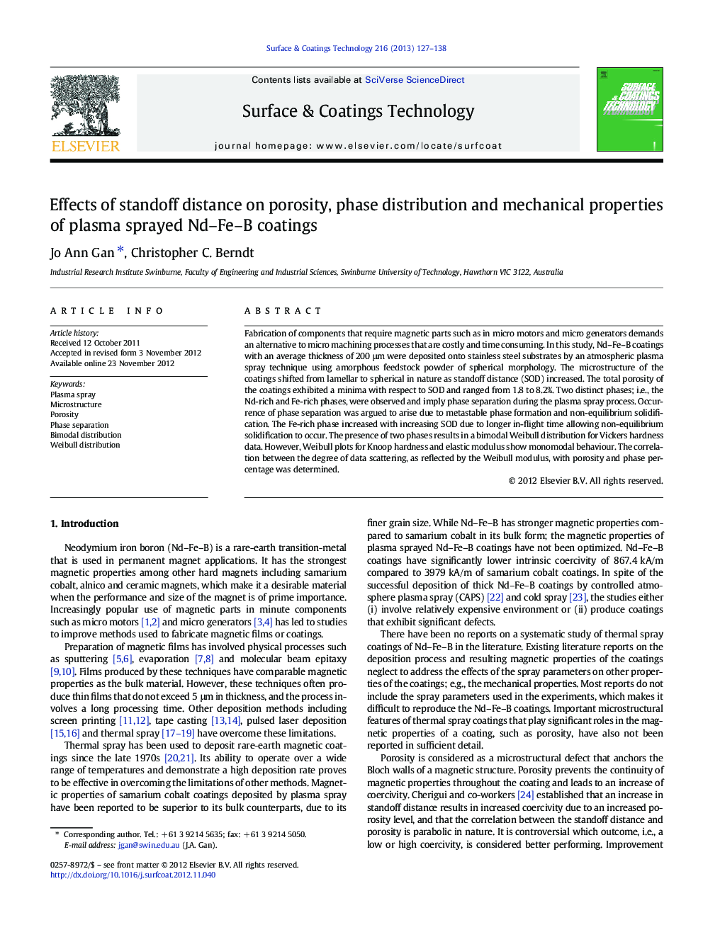 Effects of standoff distance on porosity, phase distribution and mechanical properties of plasma sprayed Nd–Fe–B coatings