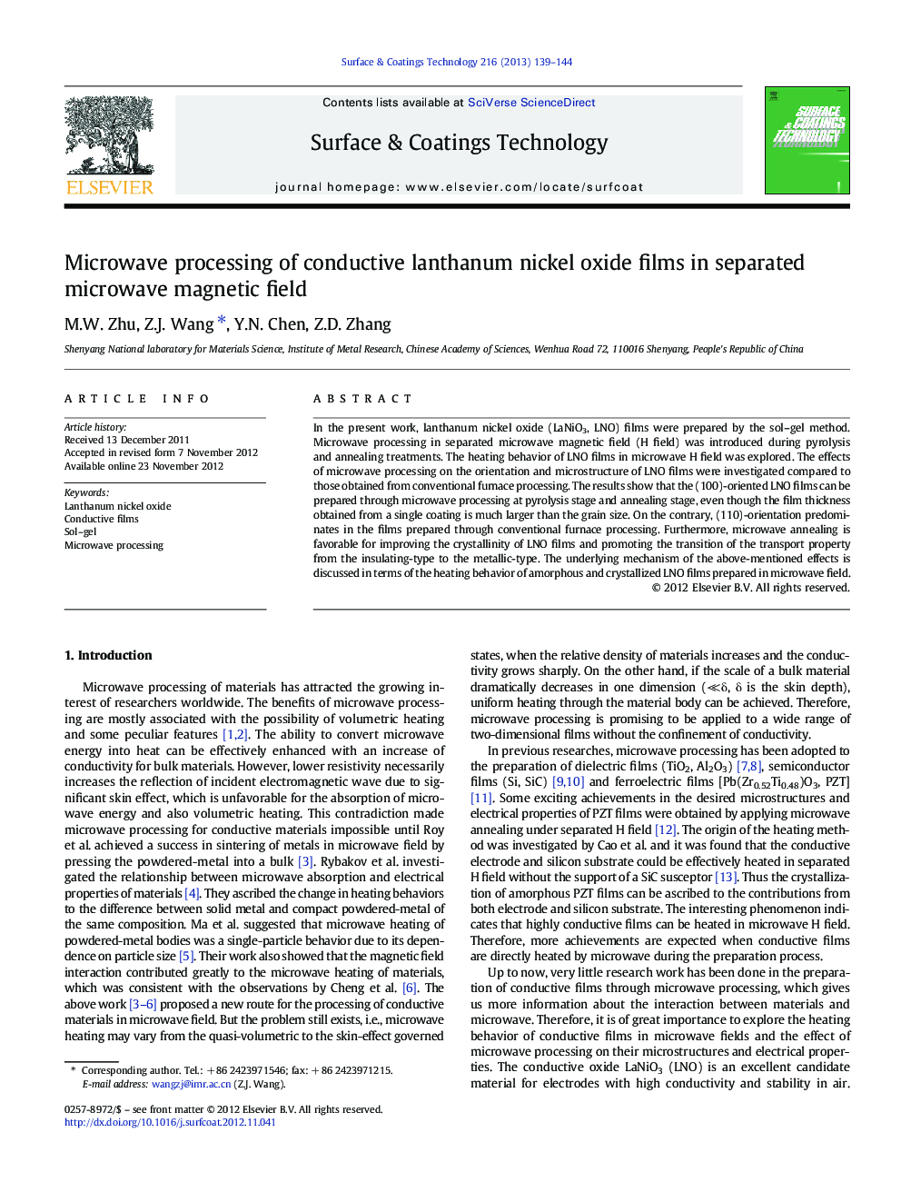 Microwave processing of conductive lanthanum nickel oxide films in separated microwave magnetic field