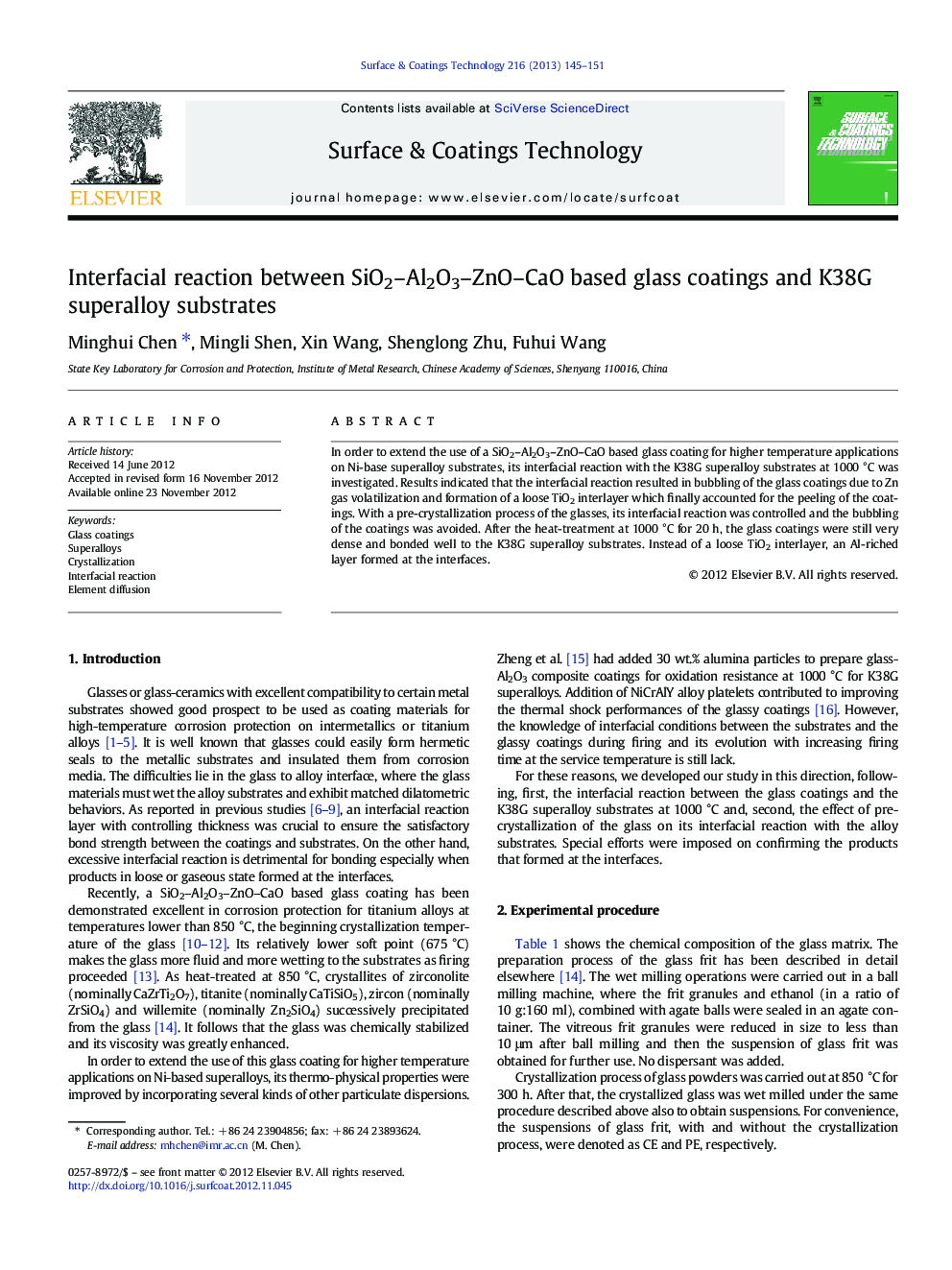 Interfacial reaction between SiO2-Al2O3-ZnO-CaO based glass coatings and K38G superalloy substrates