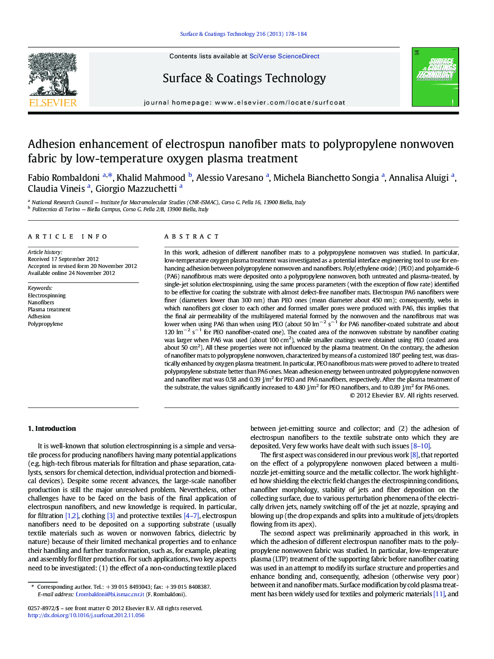 Adhesion enhancement of electrospun nanofiber mats to polypropylene nonwoven fabric by low-temperature oxygen plasma treatment