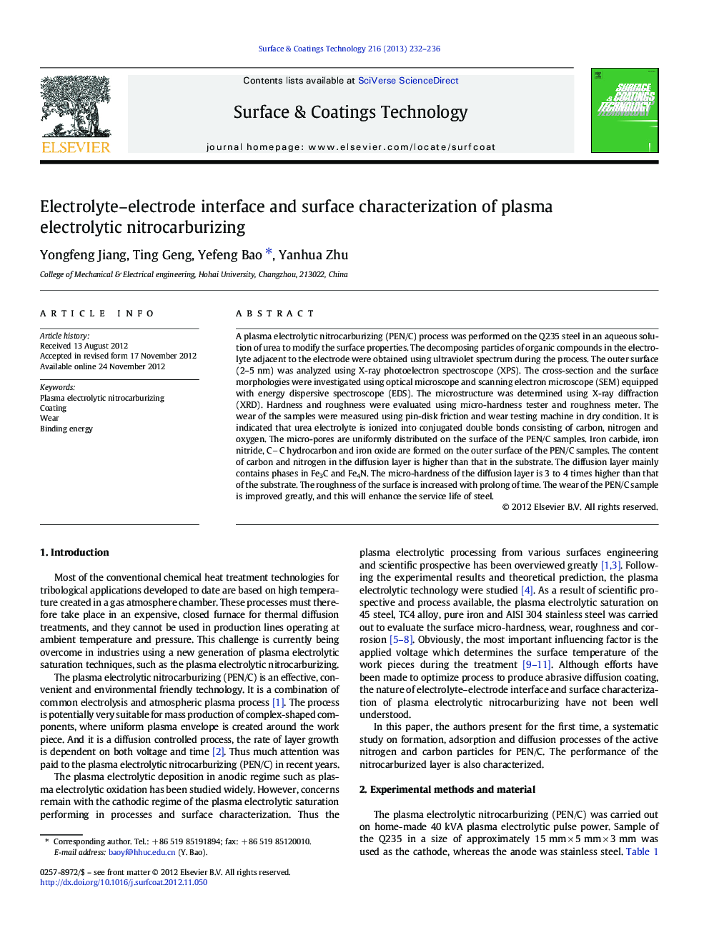 Electrolyte–electrode interface and surface characterization of plasma electrolytic nitrocarburizing