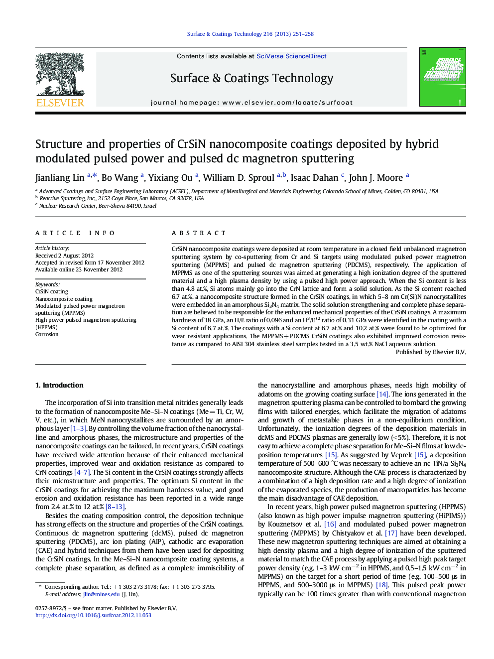 Structure and properties of CrSiN nanocomposite coatings deposited by hybrid modulated pulsed power and pulsed dc magnetron sputtering