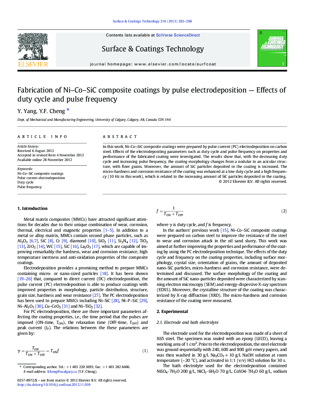 Fabrication of Ni-Co-SiC composite coatings by pulse electrodeposition - Effects of duty cycle and pulse frequency