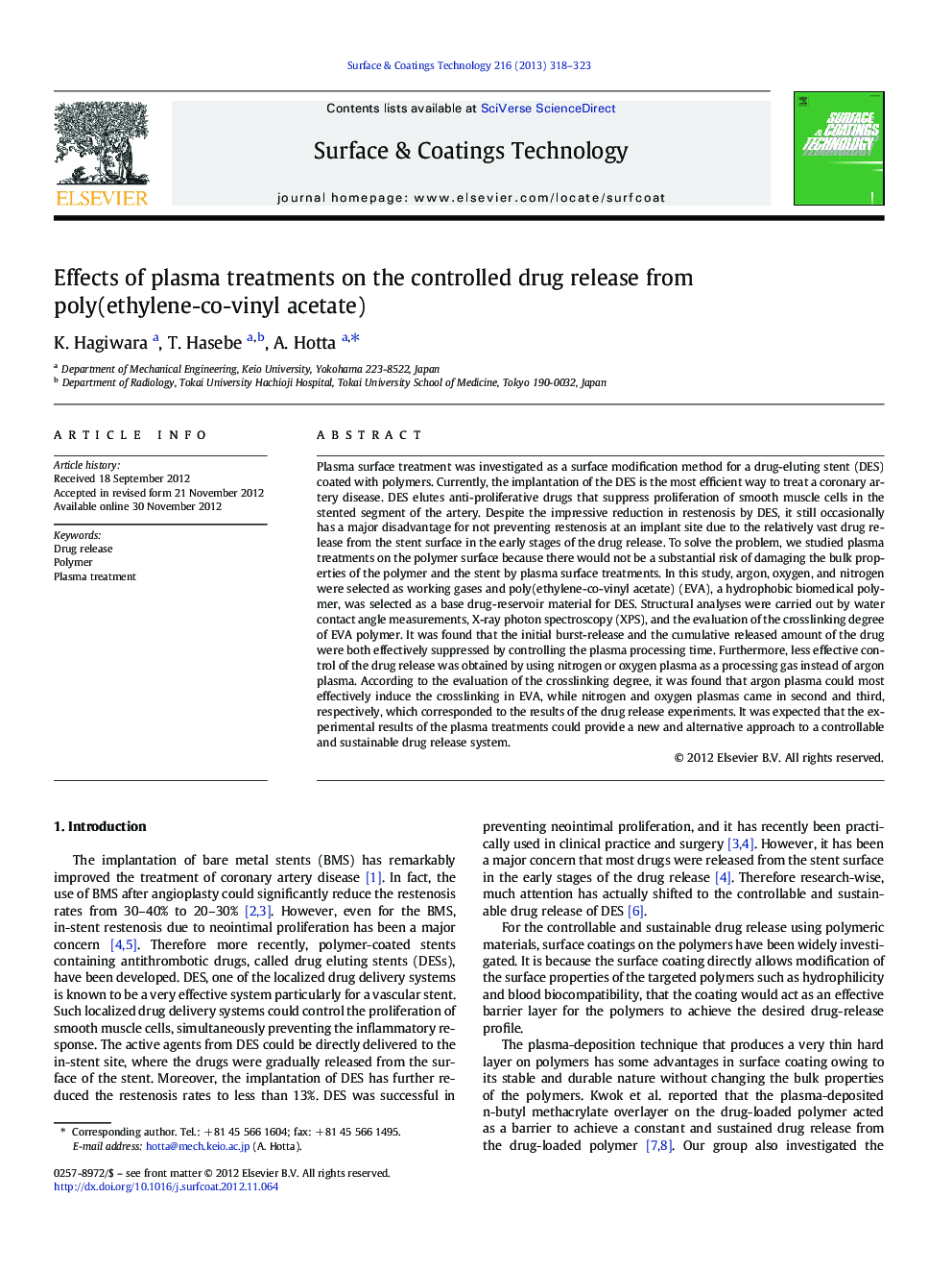 Effects of plasma treatments on the controlled drug release from poly(ethylene-co-vinyl acetate)