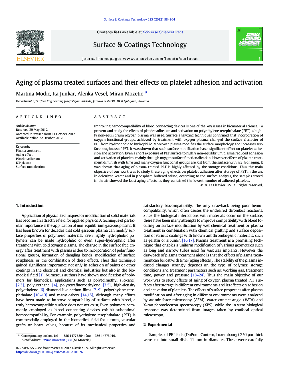 Aging of plasma treated surfaces and their effects on platelet adhesion and activation