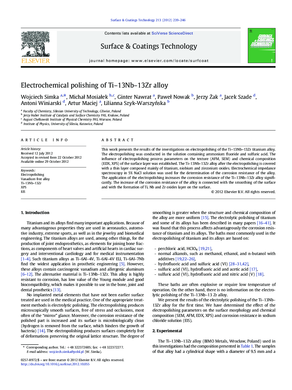 Electrochemical polishing of Ti–13Nb–13Zr alloy