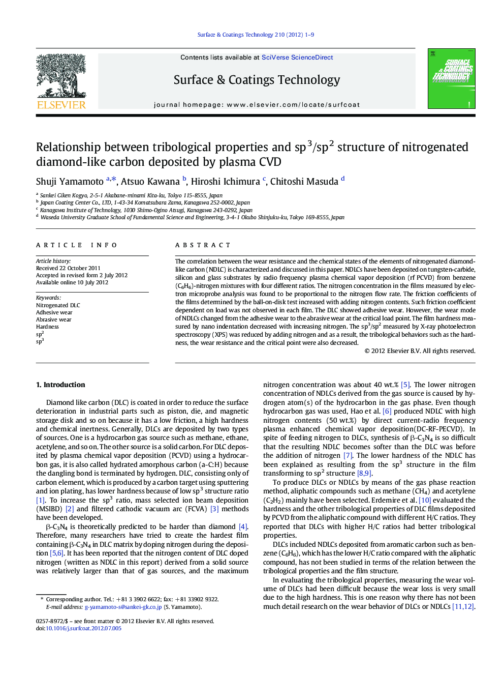 Relationship between tribological properties and sp3/sp2 structure of nitrogenated diamond-like carbon deposited by plasma CVD