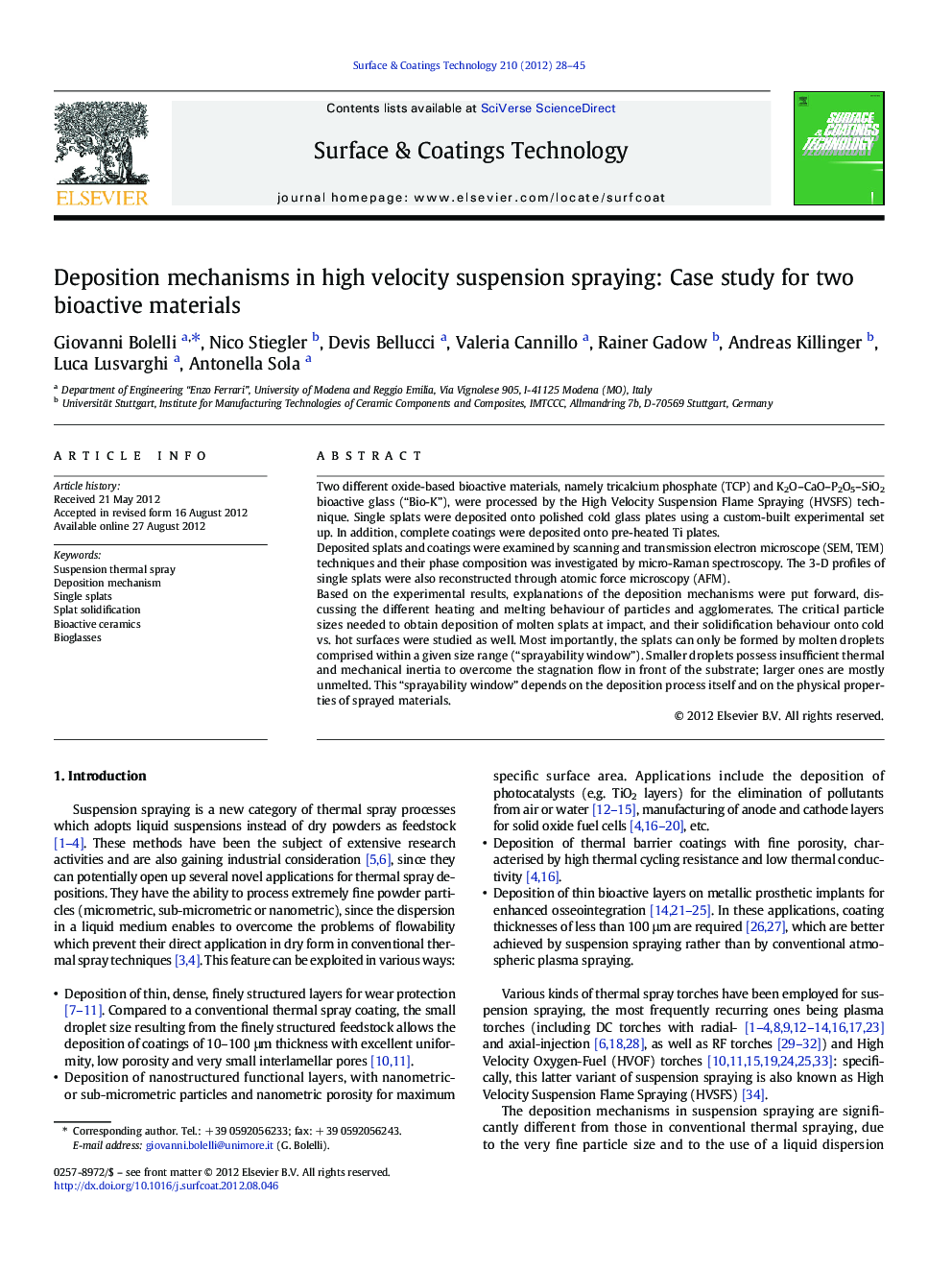 Deposition mechanisms in high velocity suspension spraying: Case study for two bioactive materials