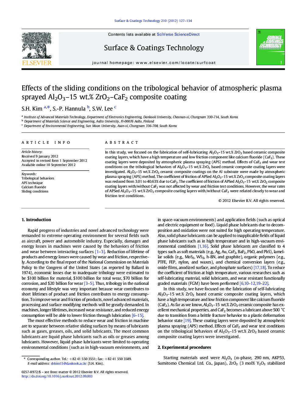 Effects of the sliding conditions on the tribological behavior of atmospheric plasma sprayed Al2O3–15 wt.% ZrO2–CaF2 composite coating