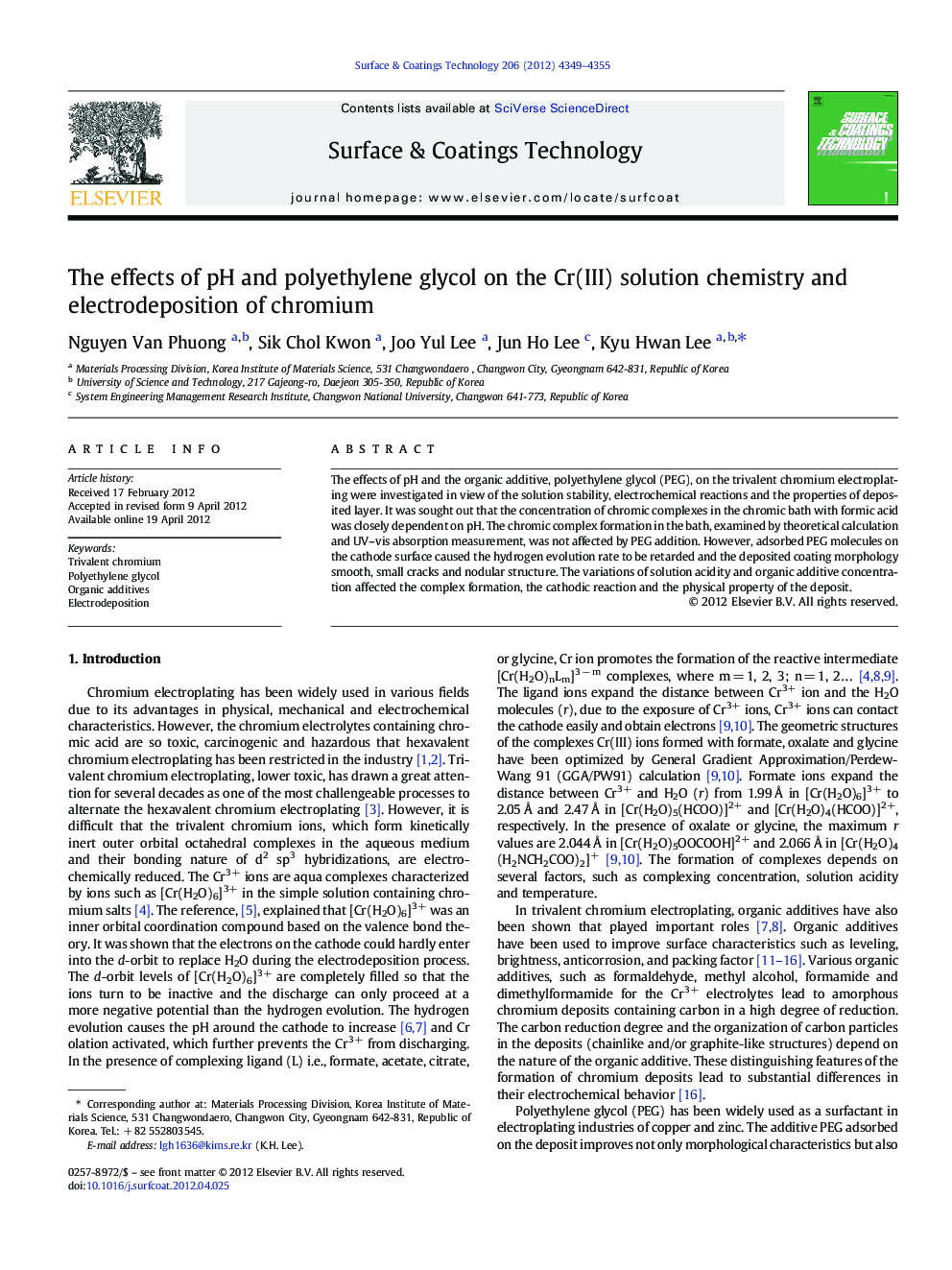 The effects of pH and polyethylene glycol on the Cr(III) solution chemistry and electrodeposition of chromium