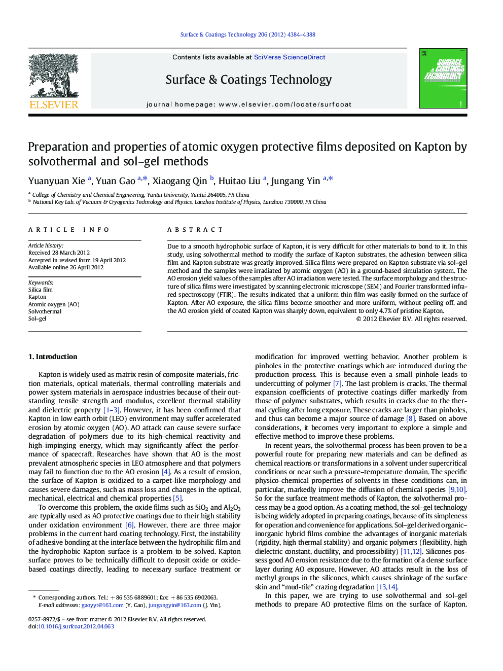 Preparation and properties of atomic oxygen protective films deposited on Kapton by solvothermal and sol–gel methods