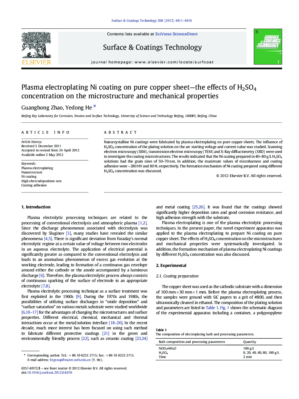 Plasma electroplating Ni coating on pure copper sheet—the effects of H2SO4 concentration on the microstructure and mechanical properties