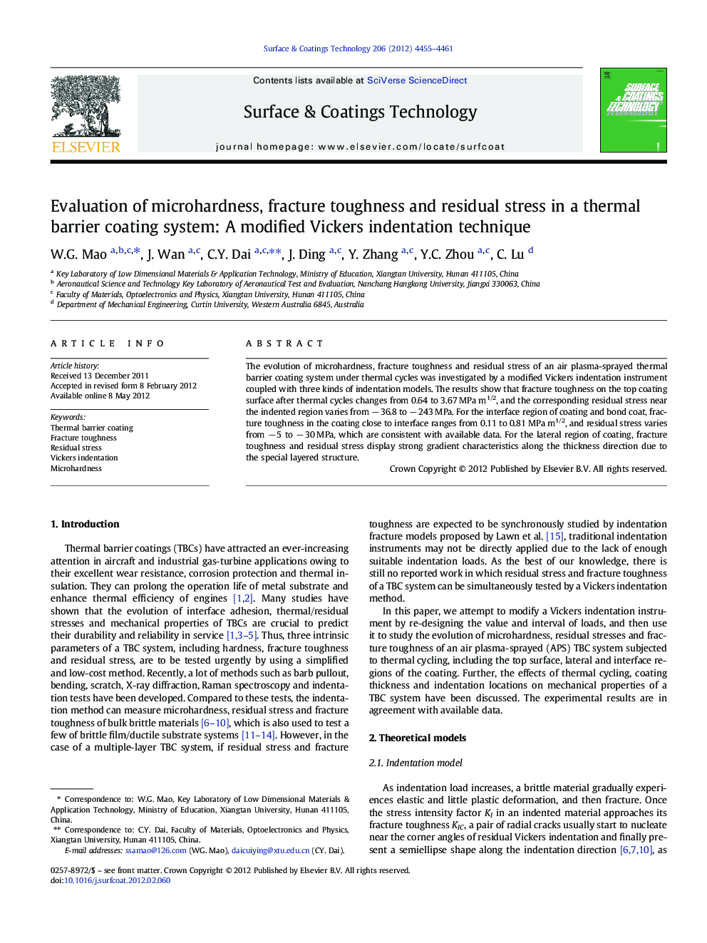 Evaluation of microhardness, fracture toughness and residual stress in a thermal barrier coating system: A modified Vickers indentation technique