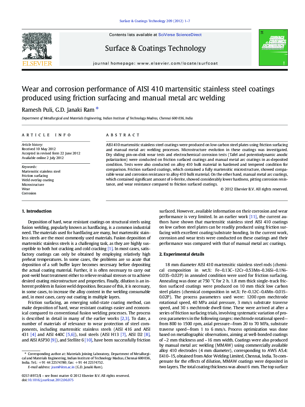 Wear and corrosion performance of AISI 410 martensitic stainless steel coatings produced using friction surfacing and manual metal arc welding