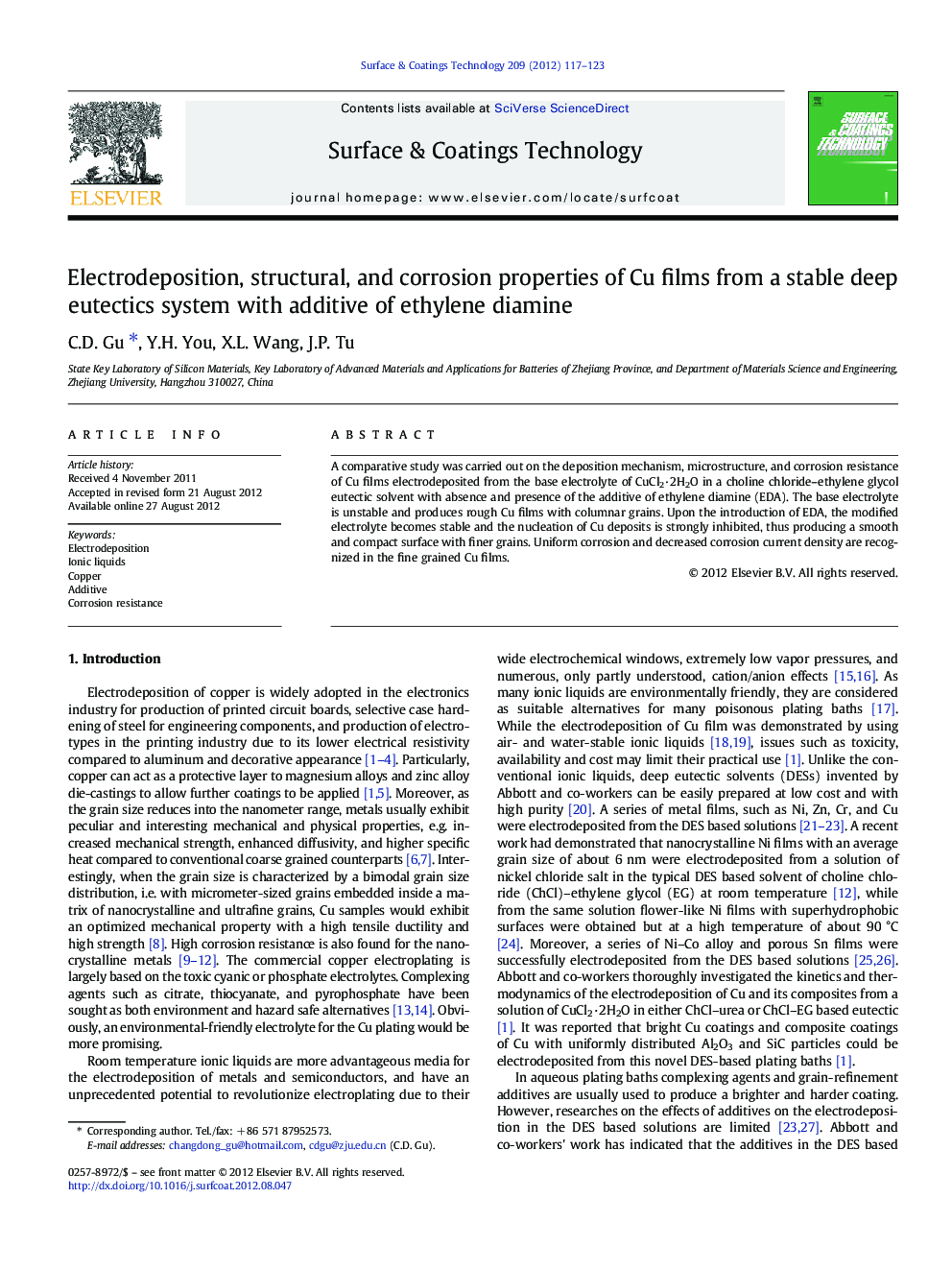 Electrodeposition, structural, and corrosion properties of Cu films from a stable deep eutectics system with additive of ethylene diamine