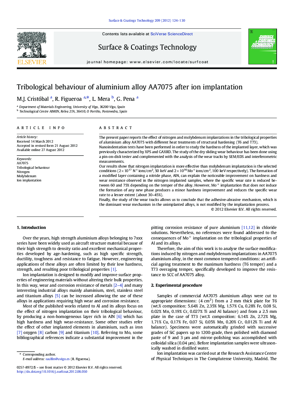Tribological behaviour of aluminium alloy AA7075 after ion implantation