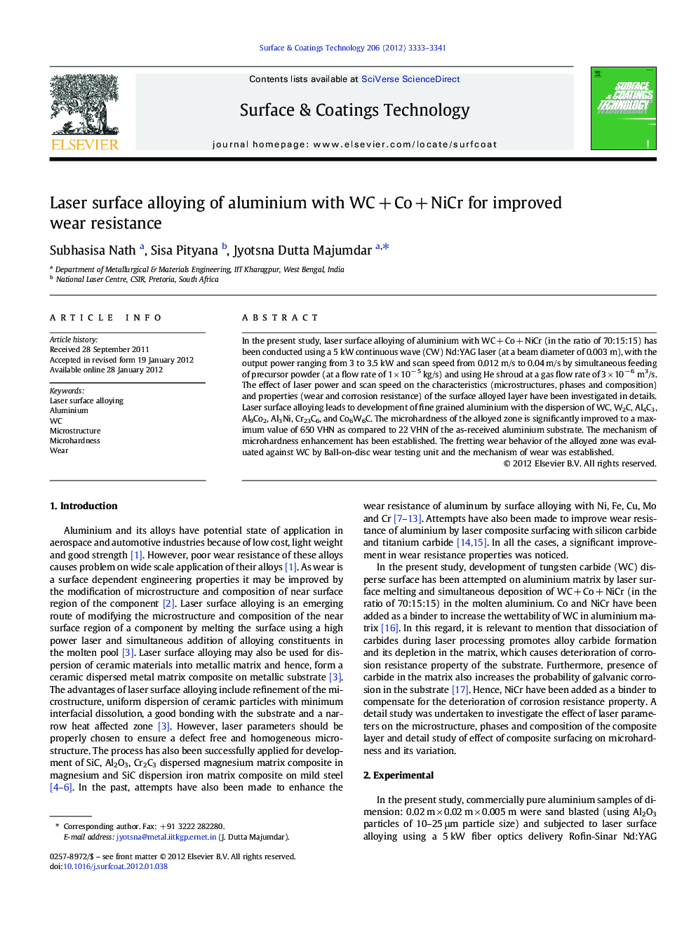 Laser surface alloying of aluminium with WC + Co + NiCr for improved wear resistance