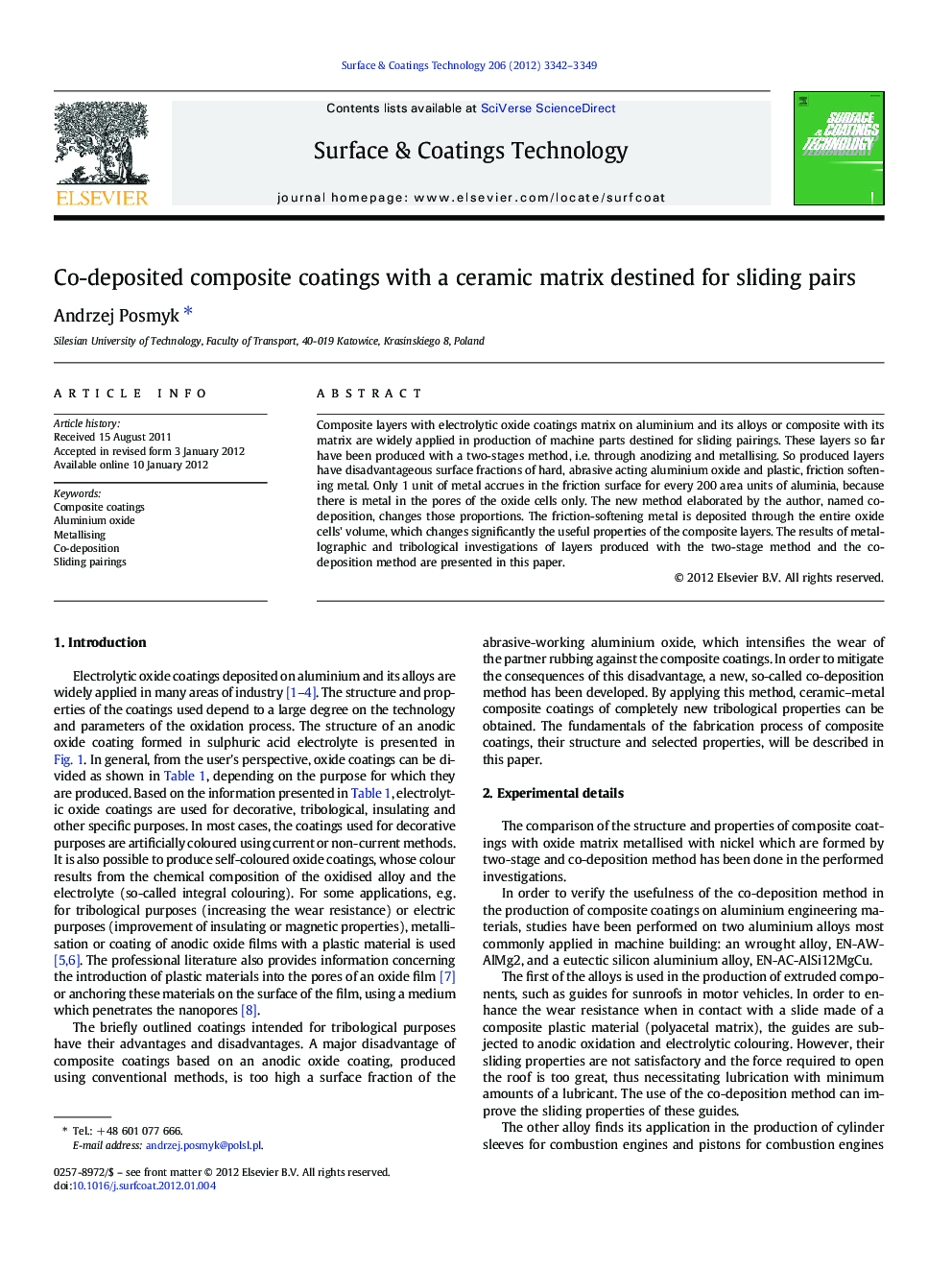 Co-deposited composite coatings with a ceramic matrix destined for sliding pairs