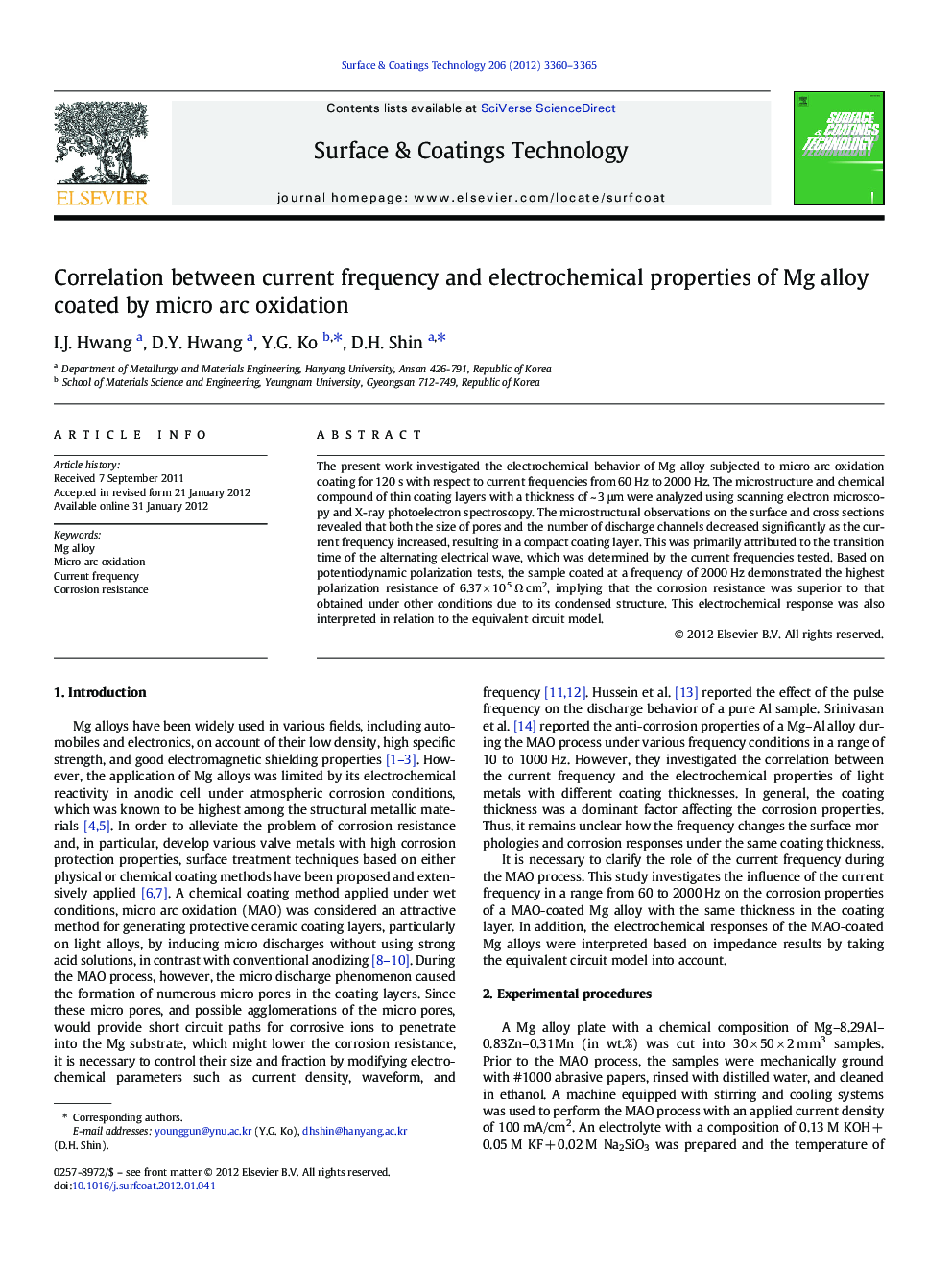 Correlation between current frequency and electrochemical properties of Mg alloy coated by micro arc oxidation