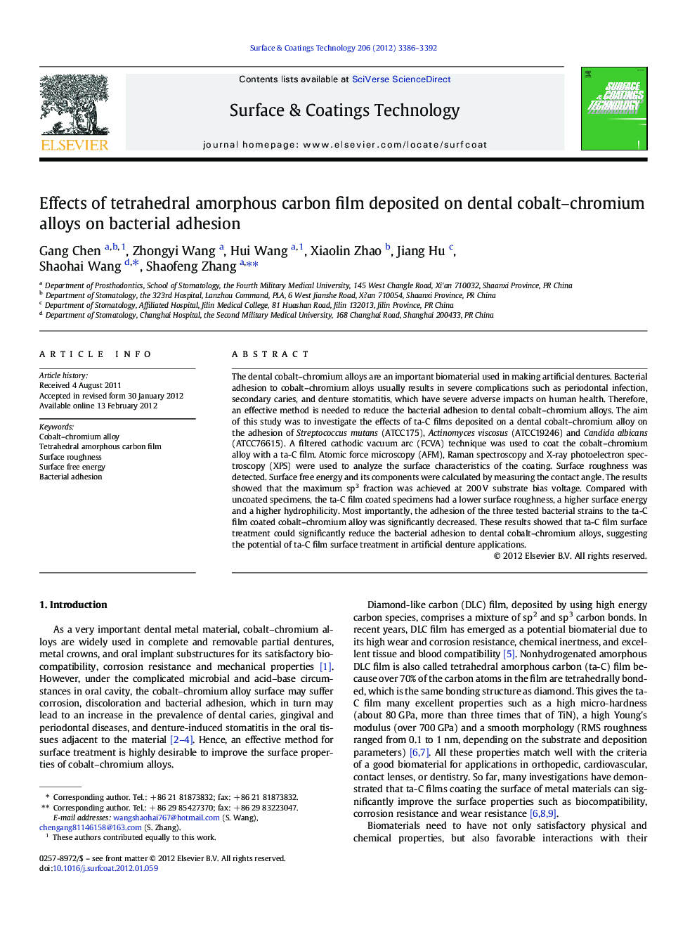 Effects of tetrahedral amorphous carbon film deposited on dental cobalt–chromium alloys on bacterial adhesion