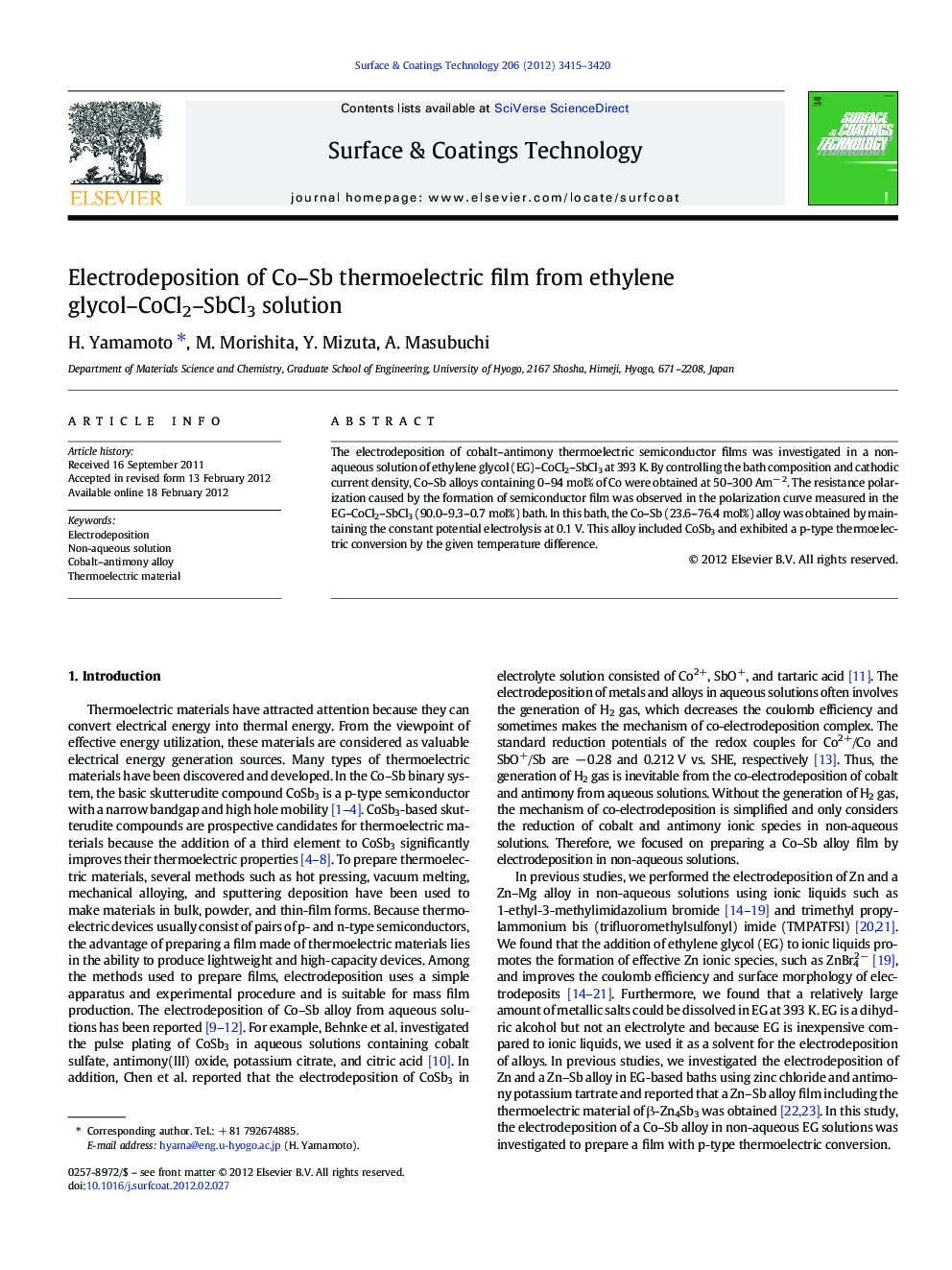 Electrodeposition of Co–Sb thermoelectric film from ethylene glycol–CoCl2–SbCl3 solution