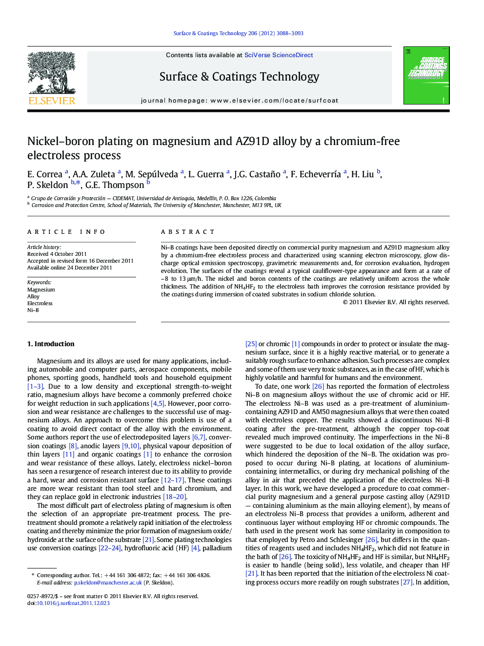 Nickel–boron plating on magnesium and AZ91D alloy by a chromium-free electroless process