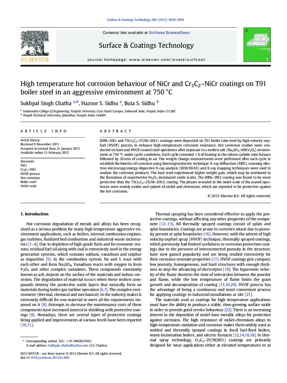 High temperature hot corrosion behaviour of NiCr and Cr3C2–NiCr coatings on T91 boiler steel in an aggressive environment at 750 °C