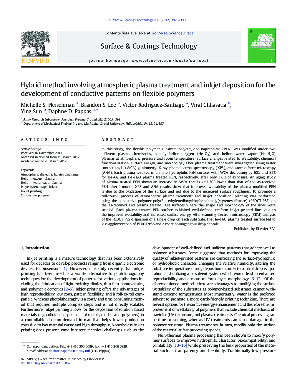 Hybrid method involving atmospheric plasma treatment and inkjet deposition for the development of conductive patterns on flexible polymers