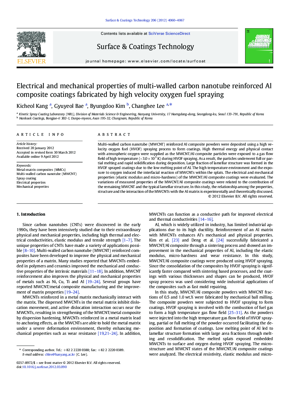 Electrical and mechanical properties of multi-walled carbon nanotube reinforced Al composite coatings fabricated by high velocity oxygen fuel spraying