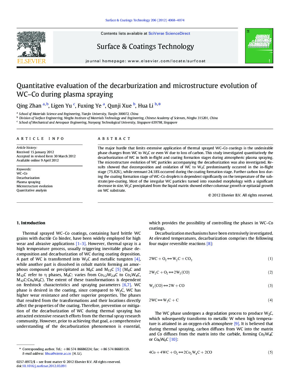 Quantitative evaluation of the decarburization and microstructure evolution of WC–Co during plasma spraying