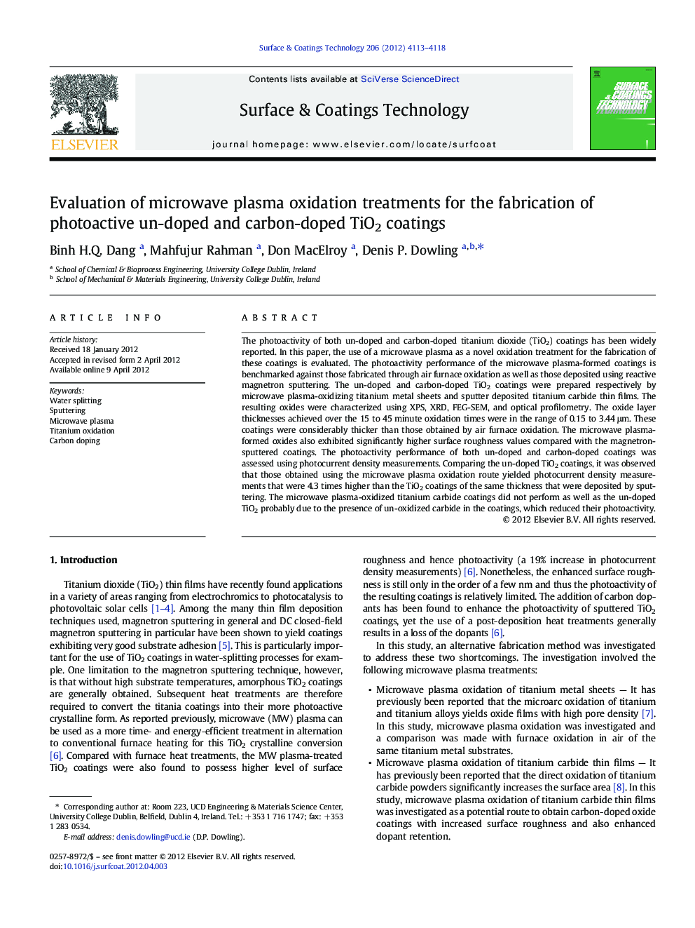 Evaluation of microwave plasma oxidation treatments for the fabrication of photoactive un-doped and carbon-doped TiO2 coatings