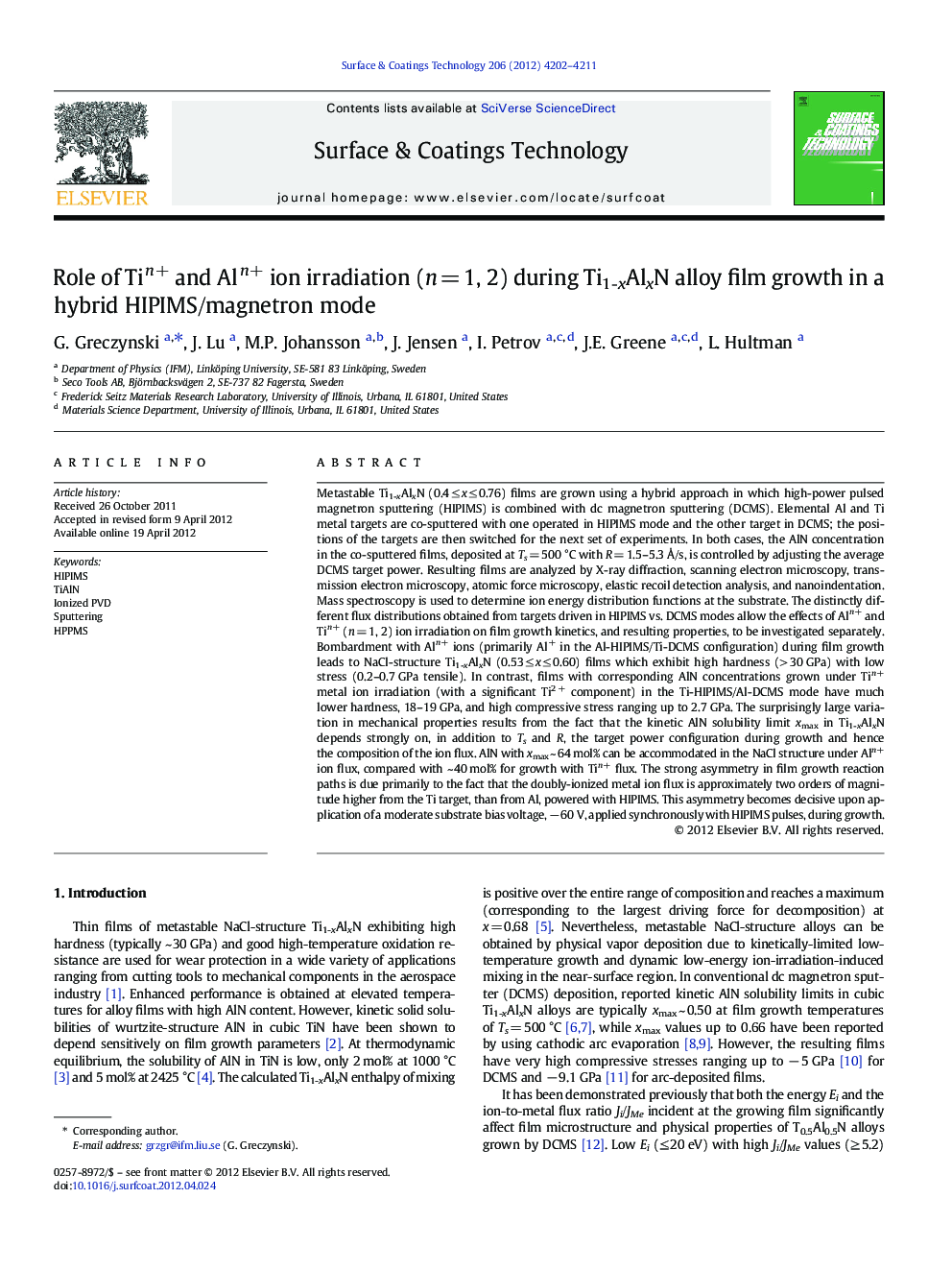 Role of Tin+ and Aln+ ion irradiation (n = 1, 2) during Ti1-xAlxN alloy film growth in a hybrid HIPIMS/magnetron mode